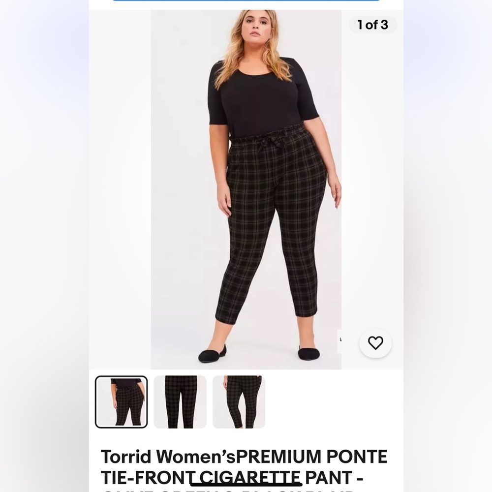 Torrid Women’s PONTE TIE-FRONT CIGARETTE PANT - OLIVE GREEN & BLACK PLAID